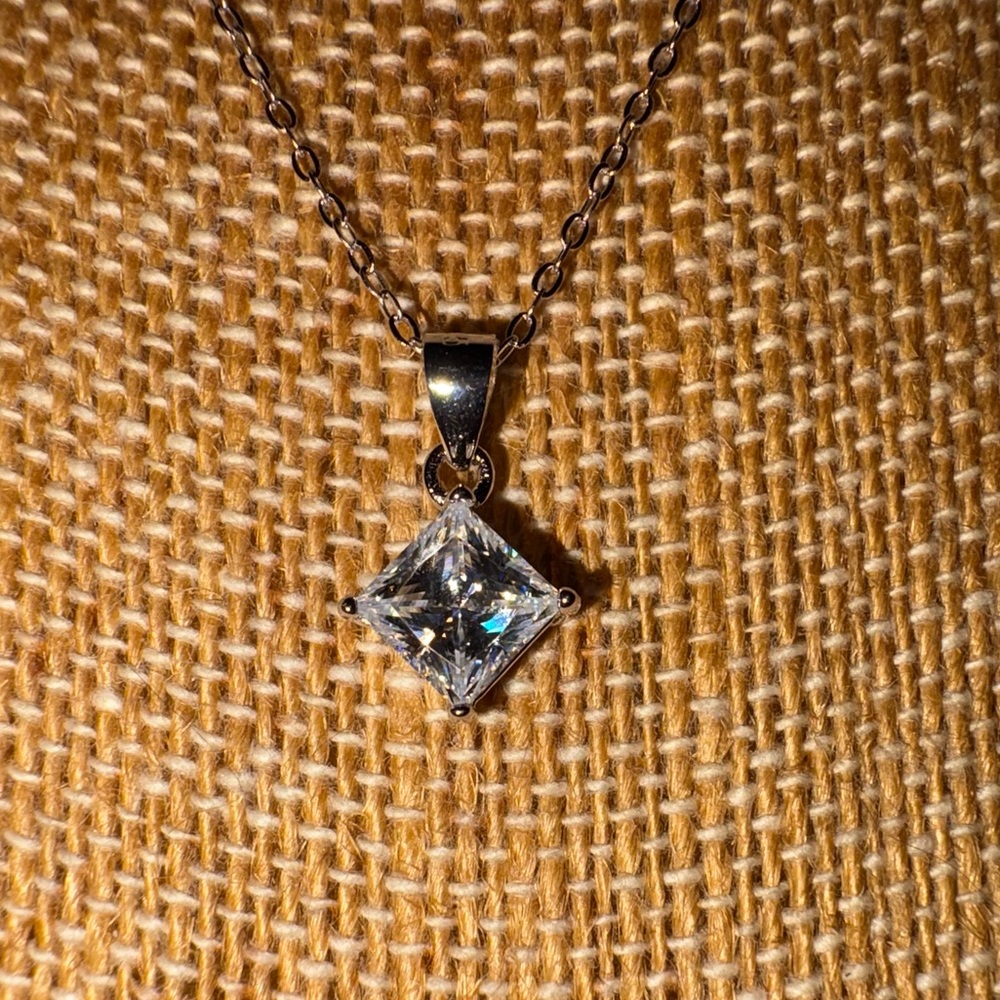 Solid Sterling Silver One Carat Princess Cut Moissanite Necklace - Picture 5 of 6